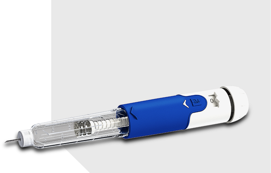 Pluma Inyectora color azul para cartucho de 3ml y dosis variable para terapias auto administradas y crónico degenerativas.