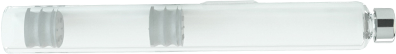 Vista lateral de cartucho de cristal farmacéutico pre-llenado de doble recámara con bypass para medicamentos que requieren reconstitución de medicamento.